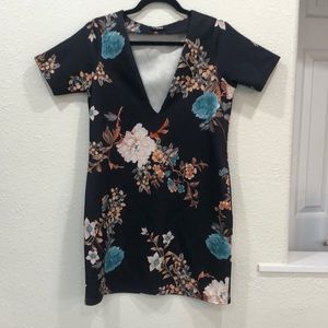 Misguided black deep v dress with floral pattern